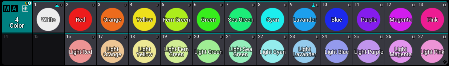 Vista de los presets de color en GrandMA3 con la tabla de colores HTML