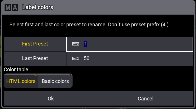 Ventana del plugin Label Colors en GrandMA3 con las opciones de renombrado