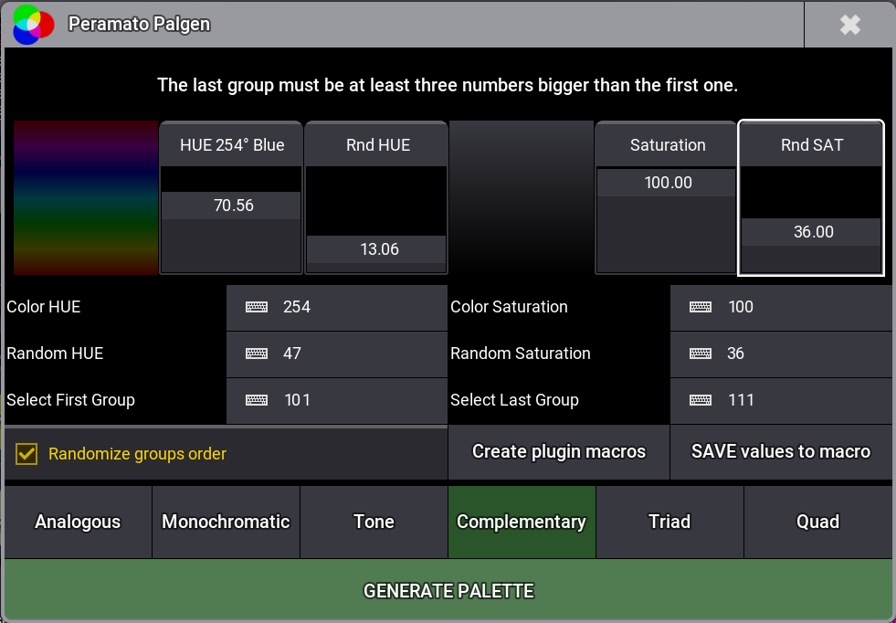 Ventana del plugin Palgen en GrandMA3 mostrando los controles de color y la interfaz principal