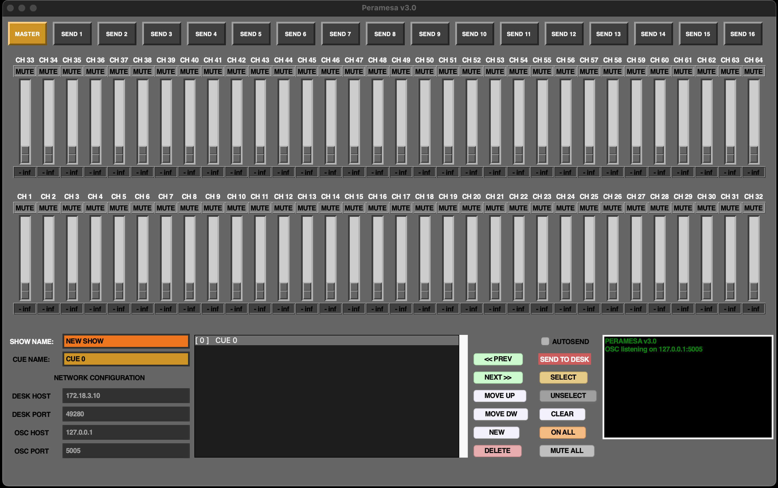 Captura de Peramesa mostrando los faders y controles de cues